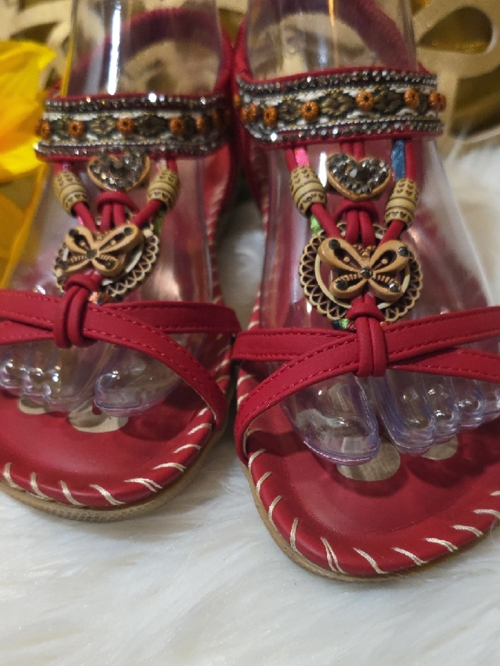 Women's Red Embellished T-Strap Sandals with Wooden Accents - Picture 4 of 8
